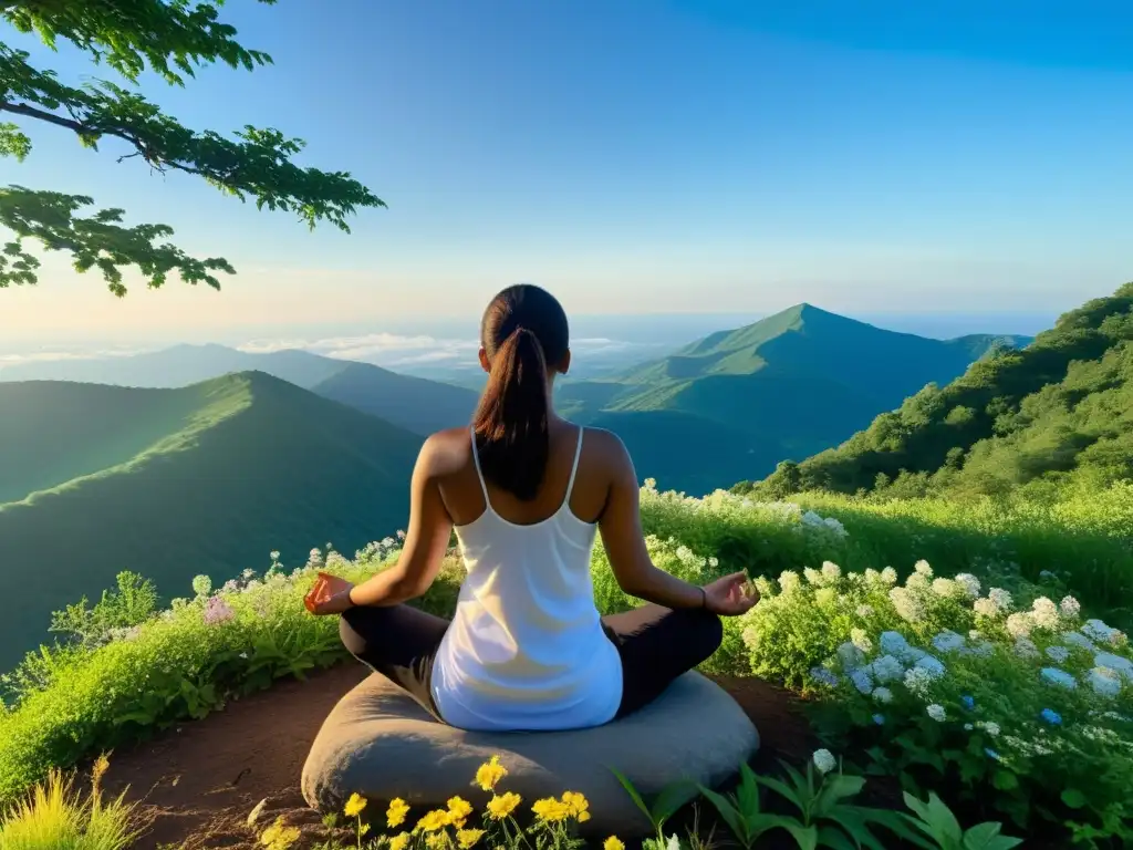 Persona meditando en la cima de la montaña, rodeada de naturaleza exuberante y cielo azul