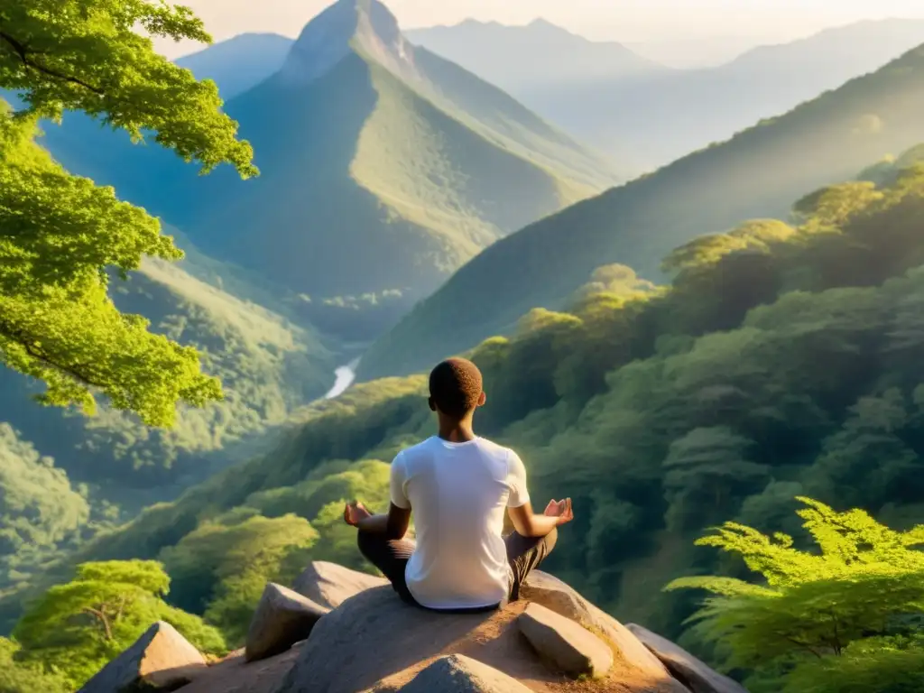 Persona meditando en la cima de la montaña, rodeada de naturaleza, practicando respiración profunda para beneficios psicológicos