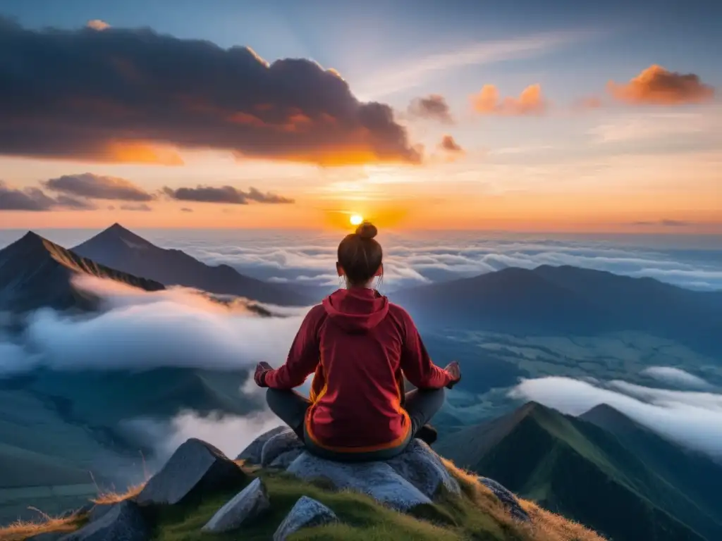 Persona meditando en la cima de la montaña al amanecer, rodeada de nubes, en profunda calma