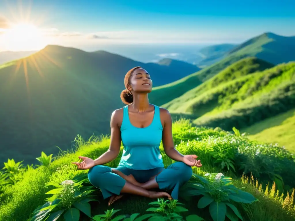 Persona meditando en la cima de la montaña, respirando profundamente bajo el sol, transmitiendo paz y tranquilidad