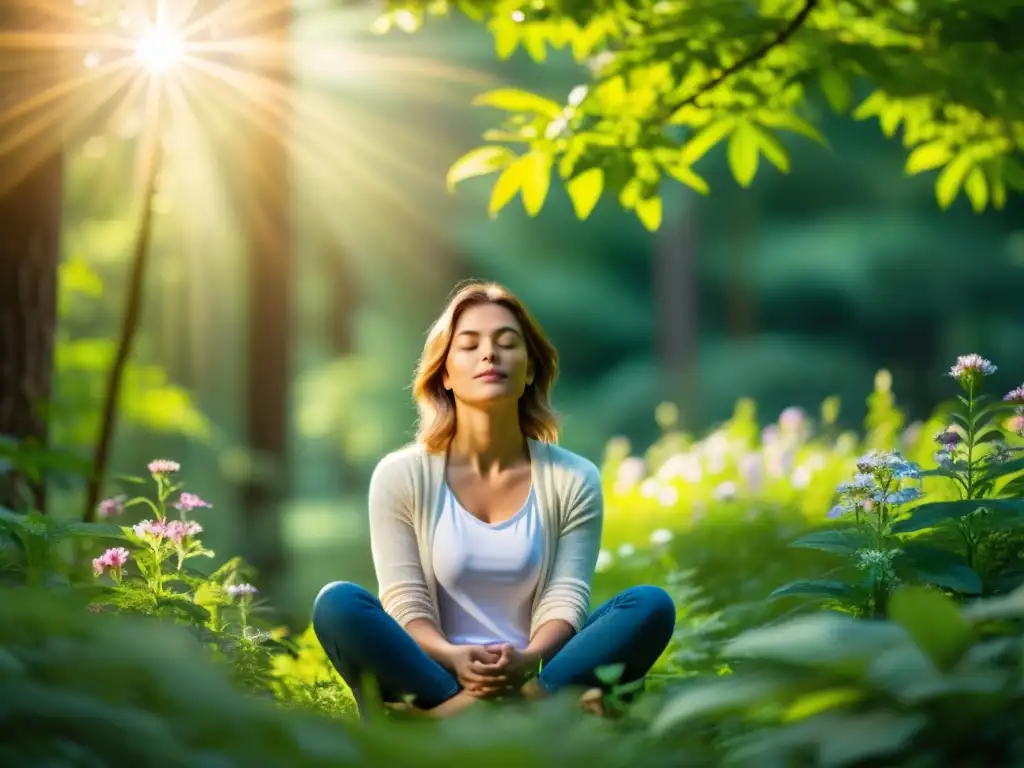 Persona en meditación en un claro del bosque, transmitiendo serenidad y conexión con la naturaleza