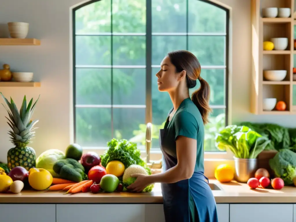 Persona en cocina moderna, respirando profundamente mientras elige alimentos frescos