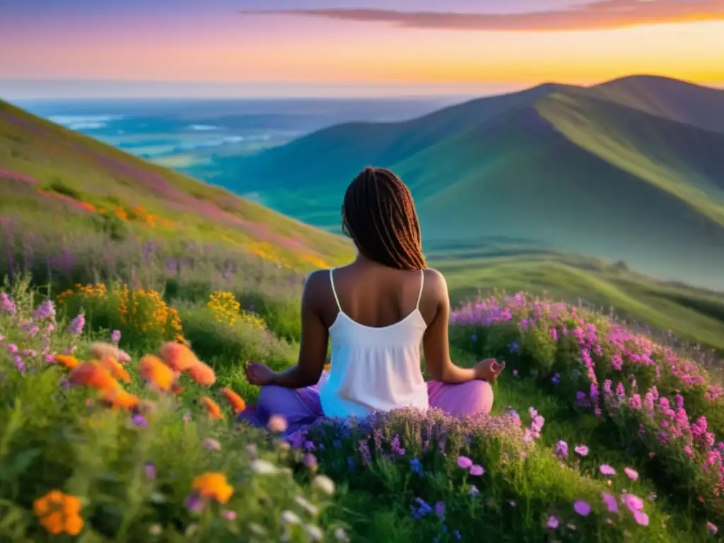 Persona meditando en colina verde con flores silvestres al atardecer