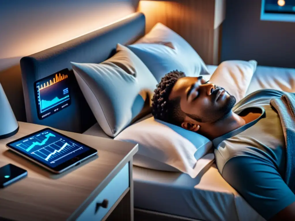 Persona durmiendo en una cómoda cama con dispositivo de monitoreo del sueño