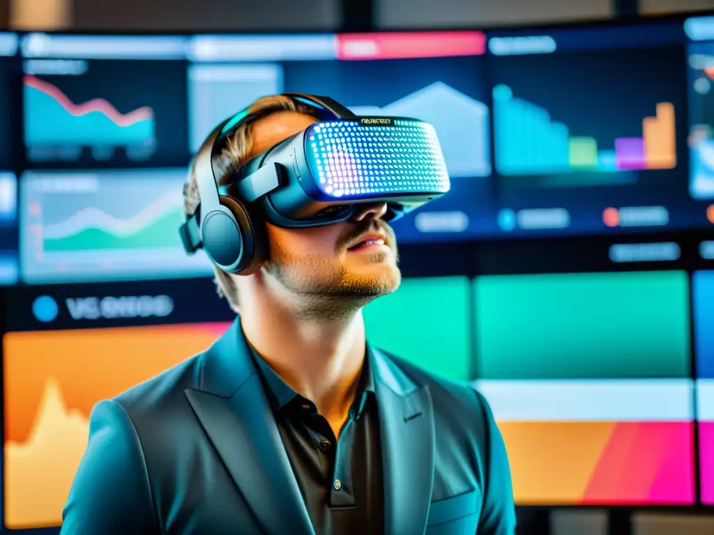 Persona concentrada usando auriculares de realidad virtual, con un panel de marketing digital proyectado