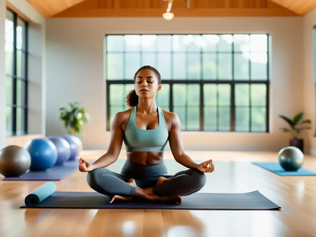 Persona concentrada practicando ejercicios de respiración en un gimnasio luminoso y tranquilo