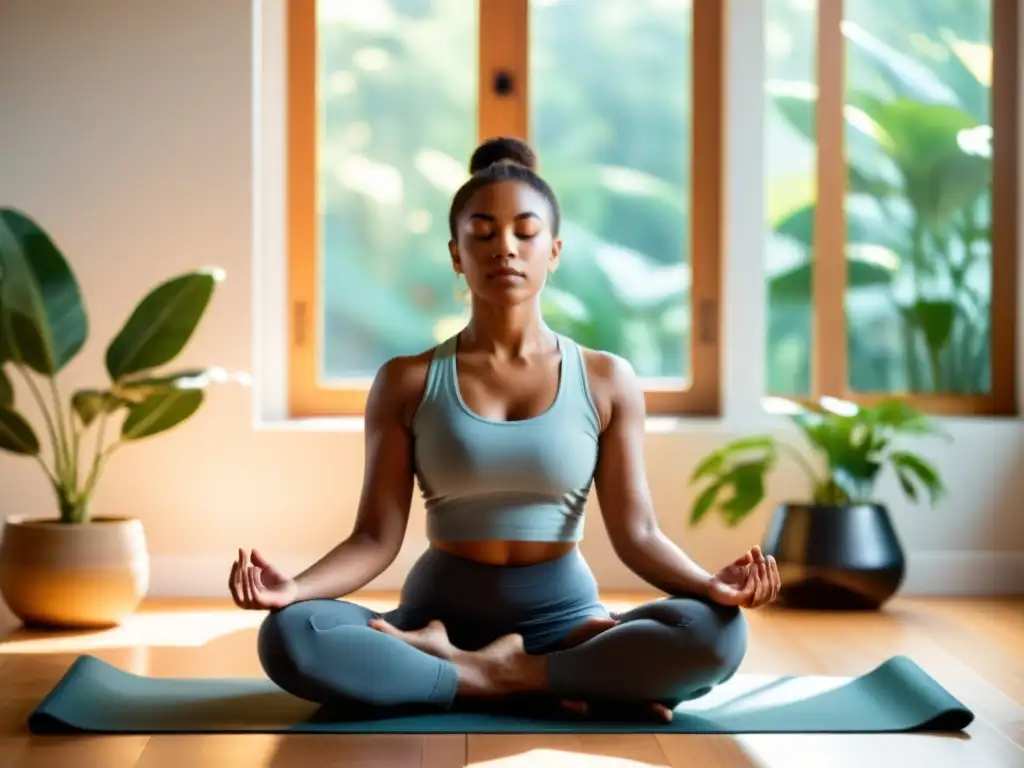 Persona concentrada en entrenamiento respiratorio para principiantes avanzados, irradiando calma y determinación en un espacio sereno de yoga