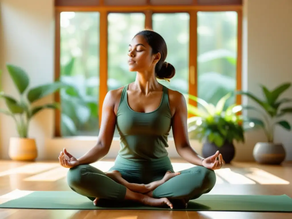 Persona concentrada practicando Kapalabhati en un estudio de yoga sereno, con plantas verdes y luz suave