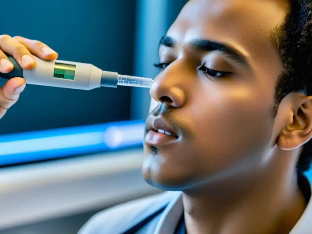 Persona concentrada en prueba de espirometría, destacando la precisión y modernidad del equipo