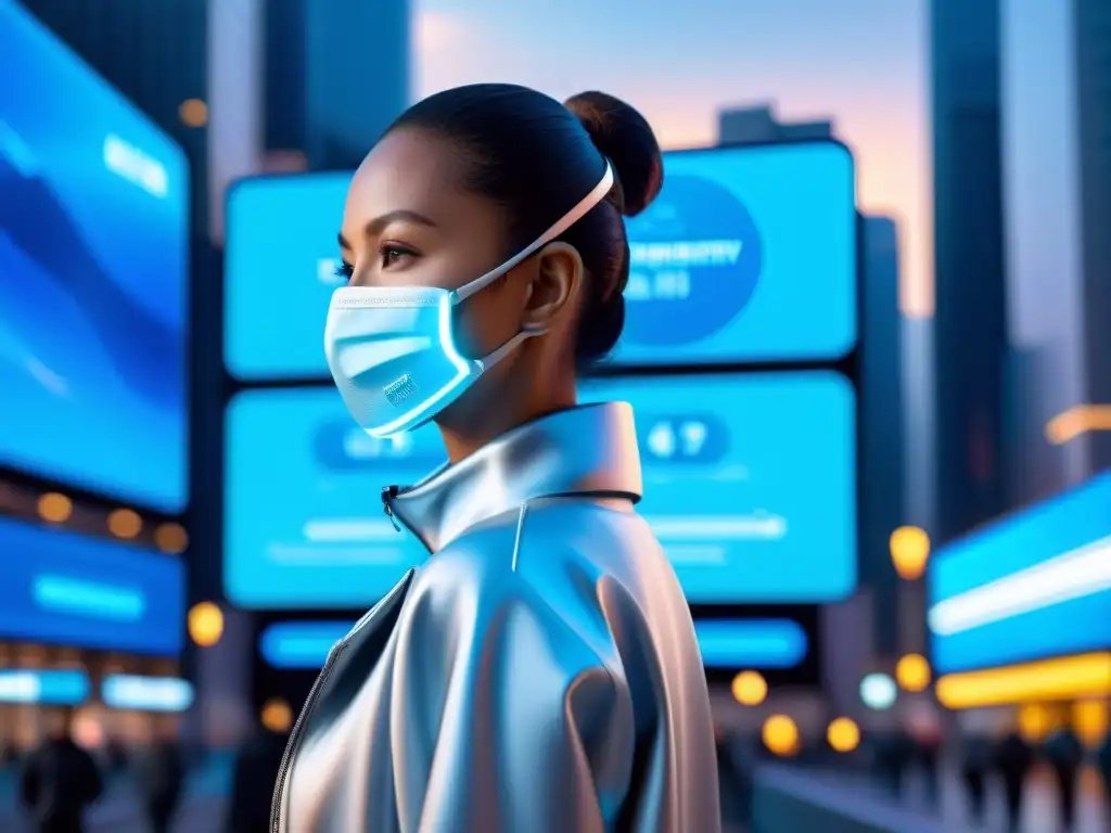 Una persona confiada y saludable usa un dispositivo de monitoreo respiratorio en una ciudad futurista, con letreros digitales sobre salud