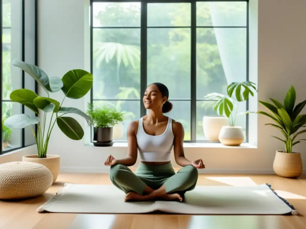 Una persona practica respiración consciente para aliviar asma en un salón moderno y sereno con luz natural y decoración minimalista