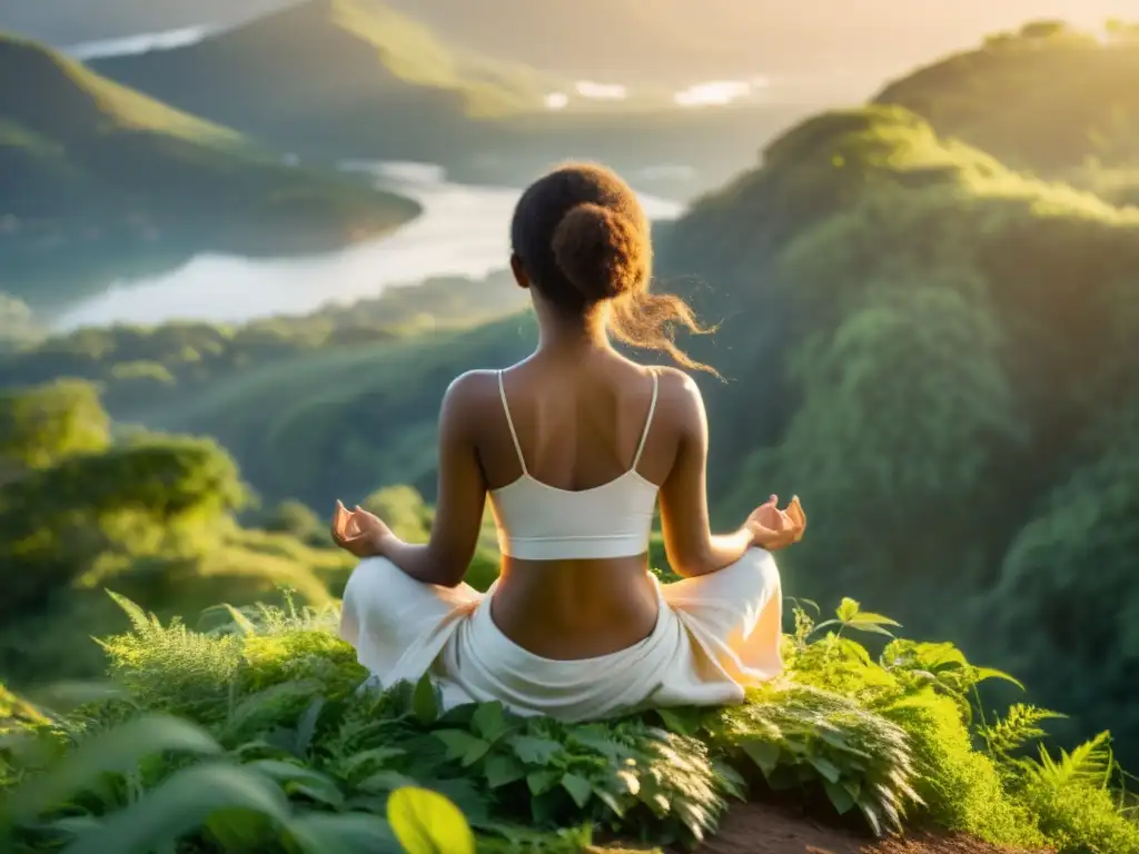 Persona en meditación consciente en la cima de la montaña, conectando cuerpo y espíritu con la respiración y la serenidad natural