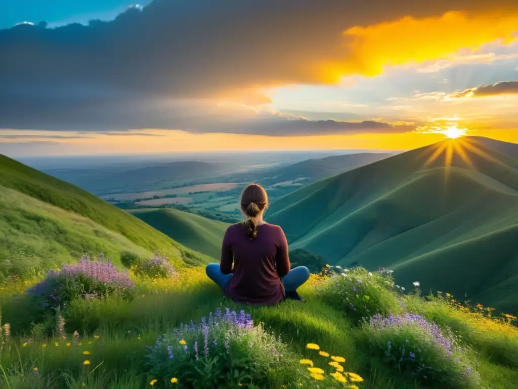 Una persona practica respiración consciente en la cima de una montaña, conectándose con la naturaleza y el espíritu