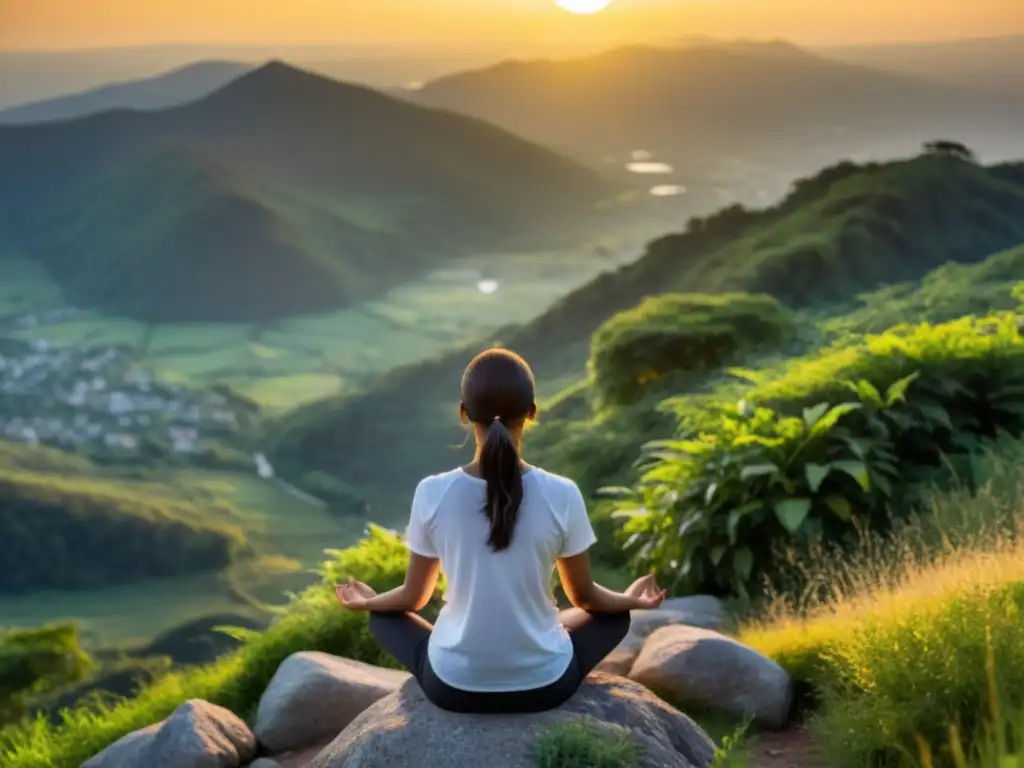 Una persona practica respiración consciente en la cima de una montaña al atardecer, conectando cuerpo, mente y espíritu