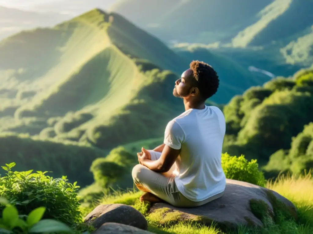 Persona en meditación consciente, conectada a la naturaleza, transmitiendo serenidad y paz interior