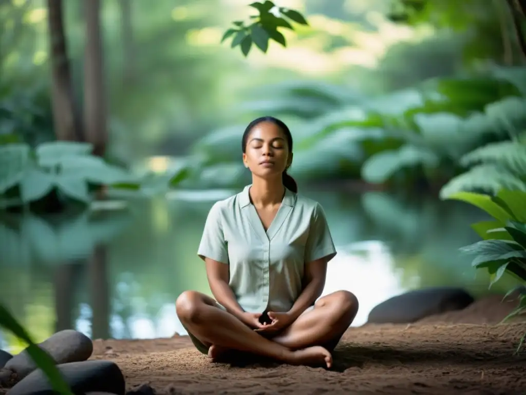 Meditación en la naturaleza: calma y bienestar emocional Una persona practica respiración consciente para gestionar dolor en un entorno natural, transmitiendo calma y serenidad