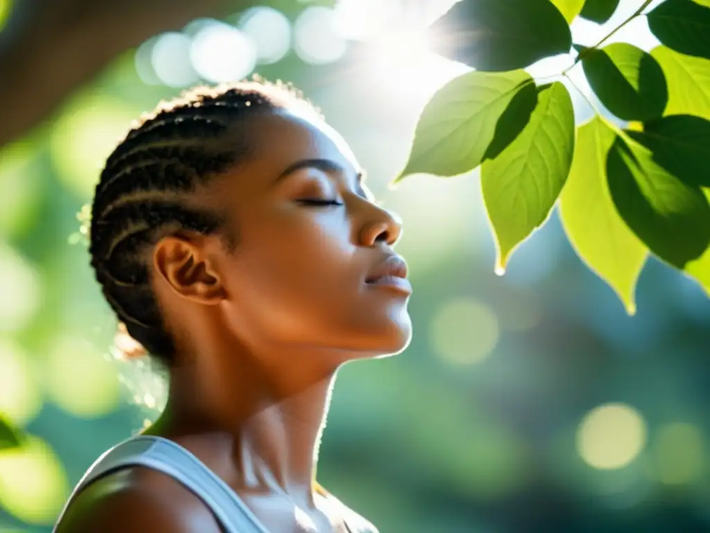 Una persona practica respiración consciente en un entorno natural, transmitiendo calma y serenidad