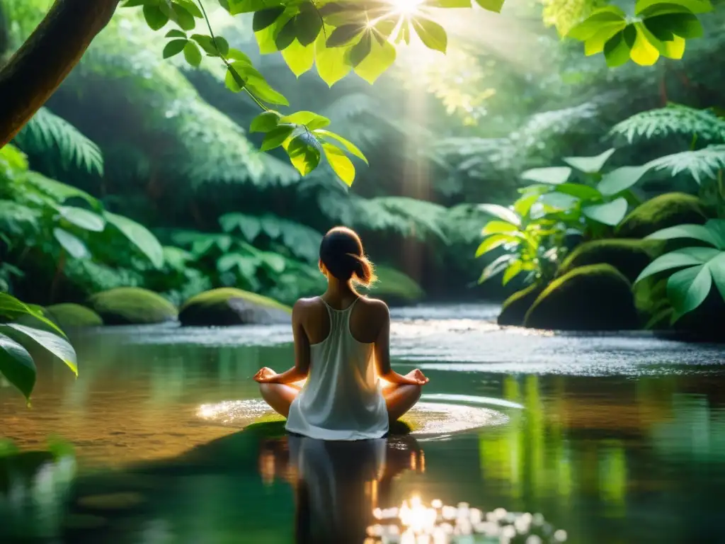 Persona en meditación consciente en entorno natural, transmitiendo calma y concentración