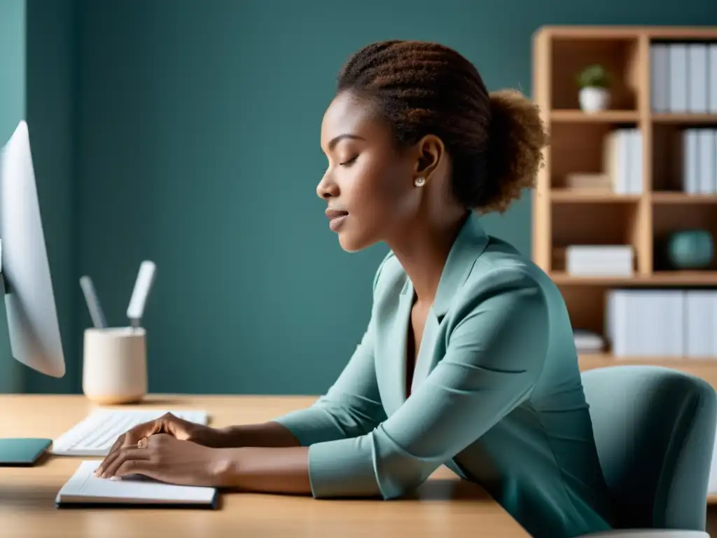 Una persona practica respiración consciente en un escritorio ergonómico y bien organizado