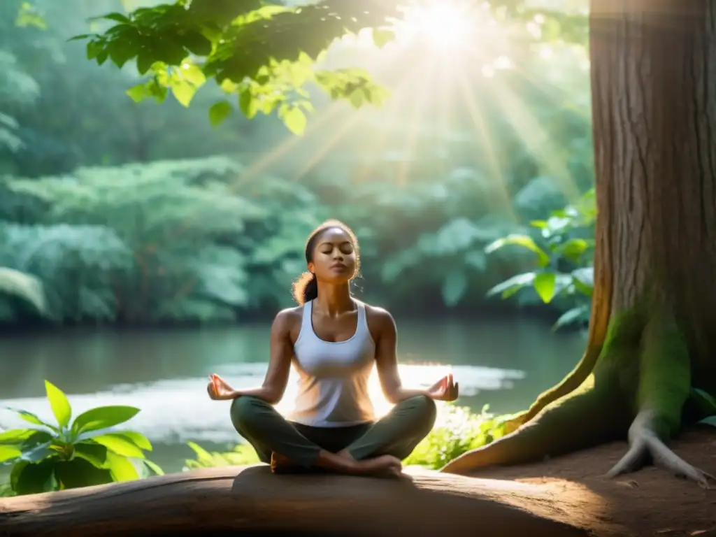 Una persona practica respiración consciente en la naturaleza, irradiando calma y paz interior