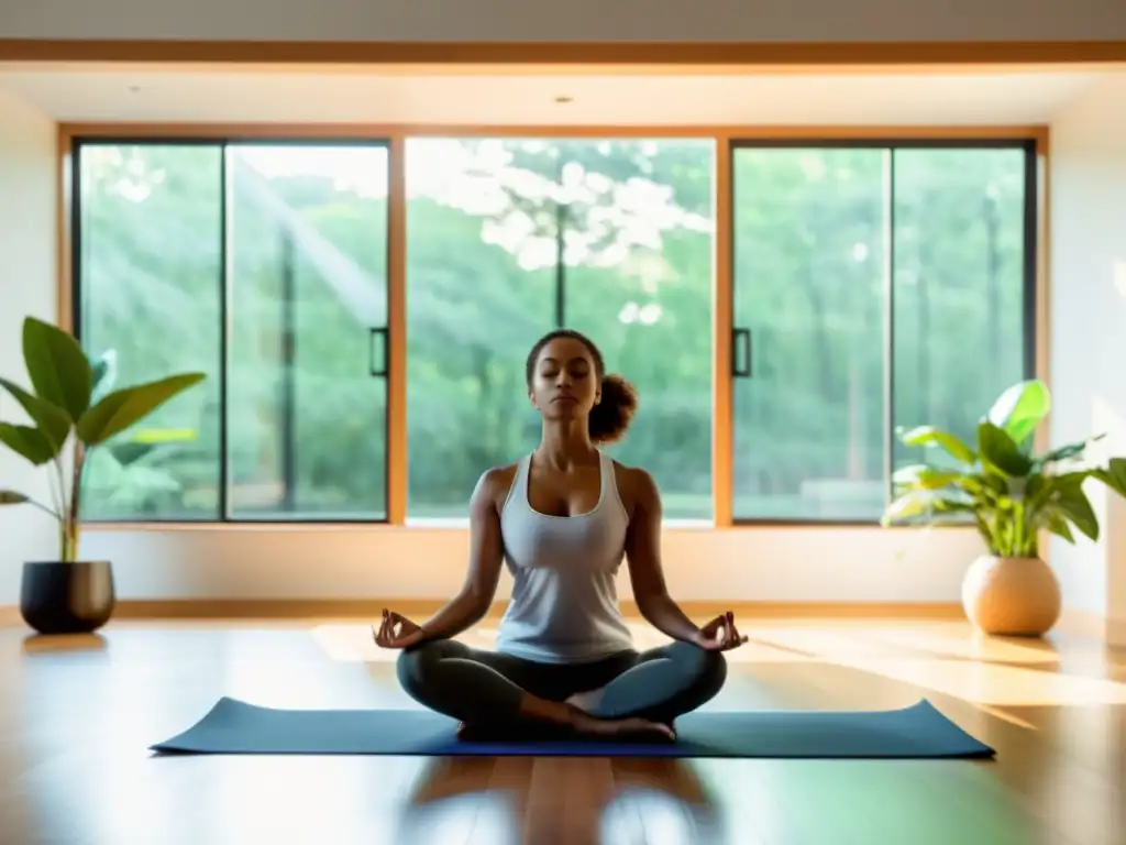 Una persona practica respiración consciente en un salón moderno y sereno, con luz natural entrando por las ventanas