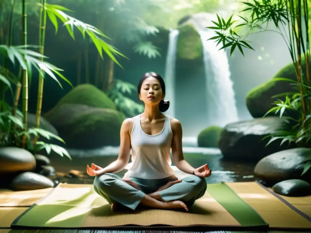 Persona en meditación Zen, respiración consciente y serenidad en un espacio japonés con bambú y cascada