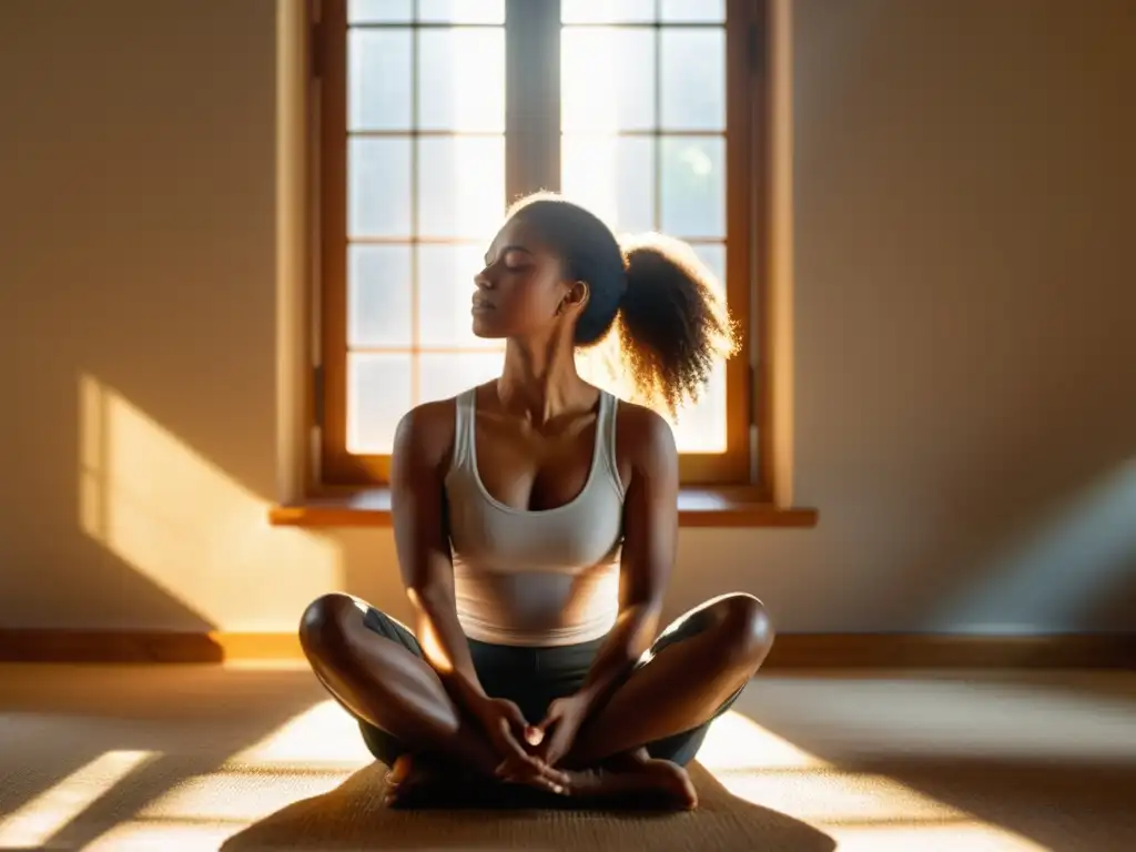 Persona en meditación consciente, disfrutando de la serenidad en una habitación soleada