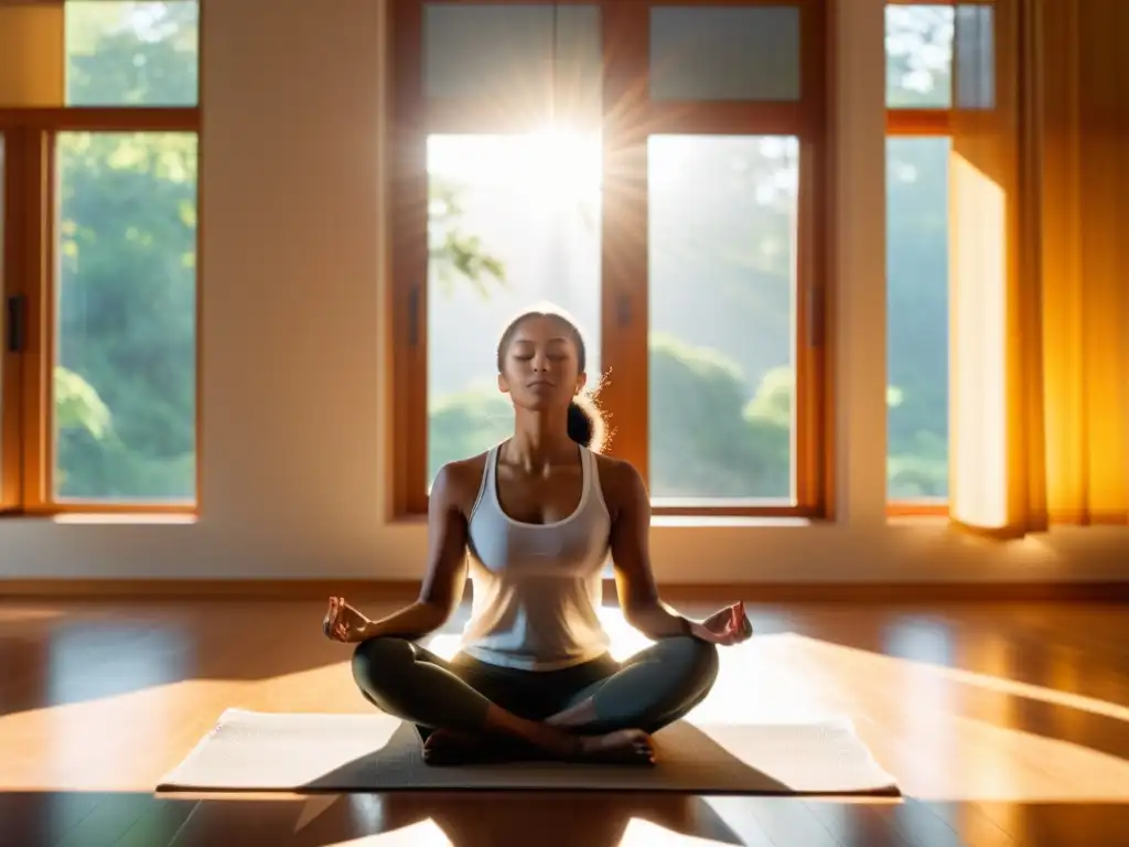 Viviendo el momento: Meditación en la luz del sol Persona en meditación consciente para mindfulness, sumergida en paz y concentración en una habitación iluminada por el sol