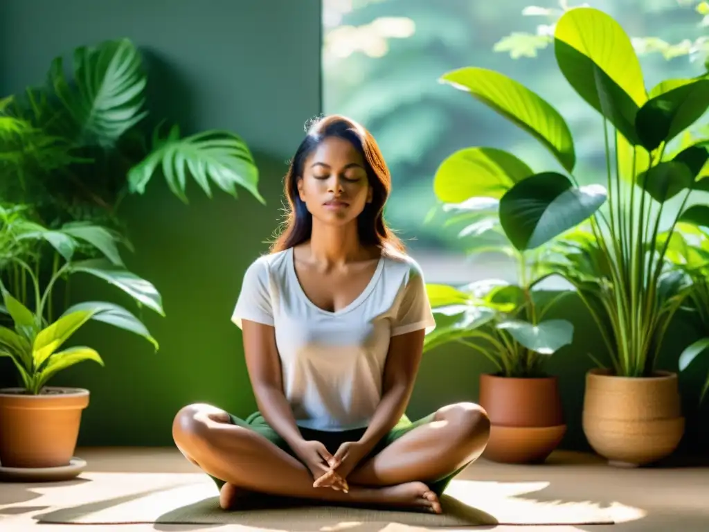 Persona en meditación integración de contenidos para mindfulness en entorno natural sereno y calmado