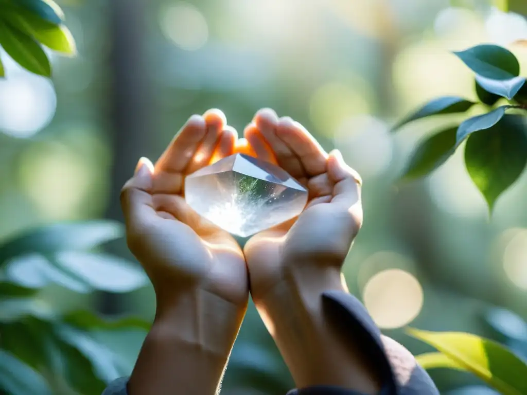 Una persona medita con un cristal de cuarzo, respirando profundamente en un entorno natural