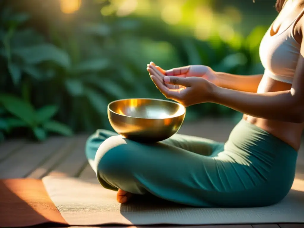 Persona en meditación con cuenco tibetano, rodeada de naturaleza, en armonía con la terapia de sonido para pulmones