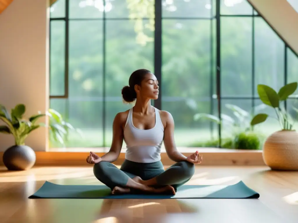 Persona en curso online respiración concentración rendimiento, practicando yoga con serenidad en un espacio luminoso y natural