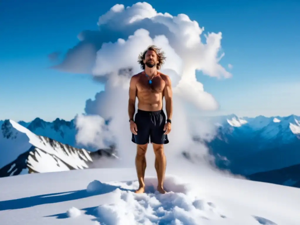 Persona descalza practica el Método Wim Hof en la cima nevada, con nieve y vapor alrededor, mostrando fuerza y conexión con la respiración