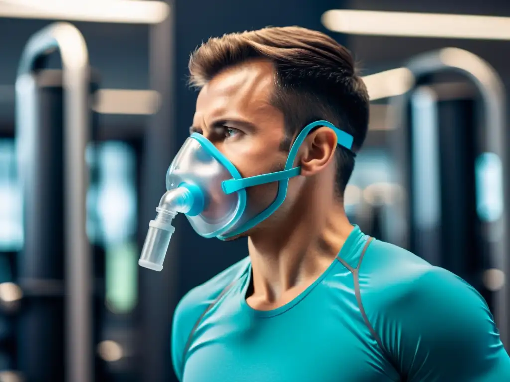 Persona determinada usando dispositivo de entrenamiento musculatura respiratoria, ambiente profesional moderno