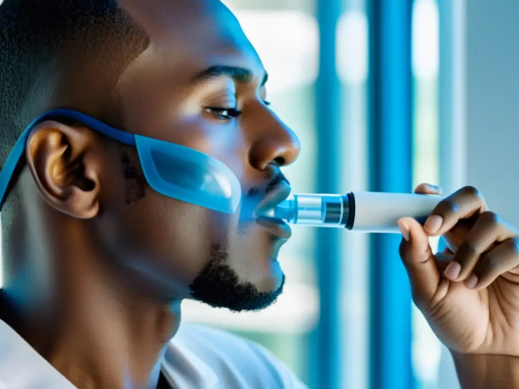 Persona determinada usando un espirómetro en instalación médica moderna, reflejando esperanza y mejoría en la capacidad pulmonar de pacientes con EPOC