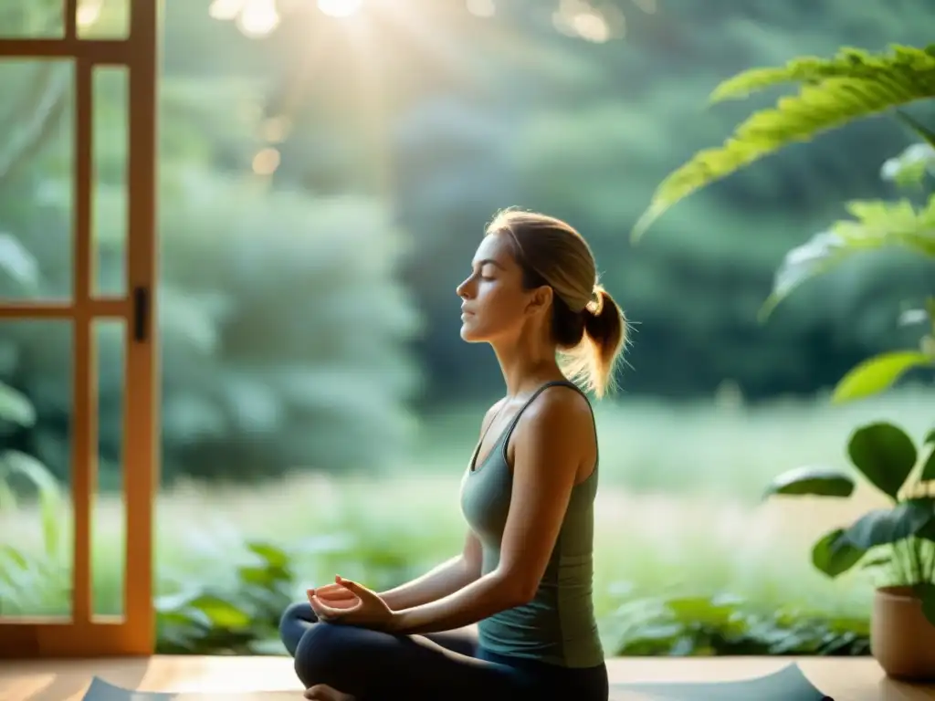 Persona fortaleciendo el diafragma con acupuntura en un entorno sereno y tranquilo, practicando una respiración consciente y relajante