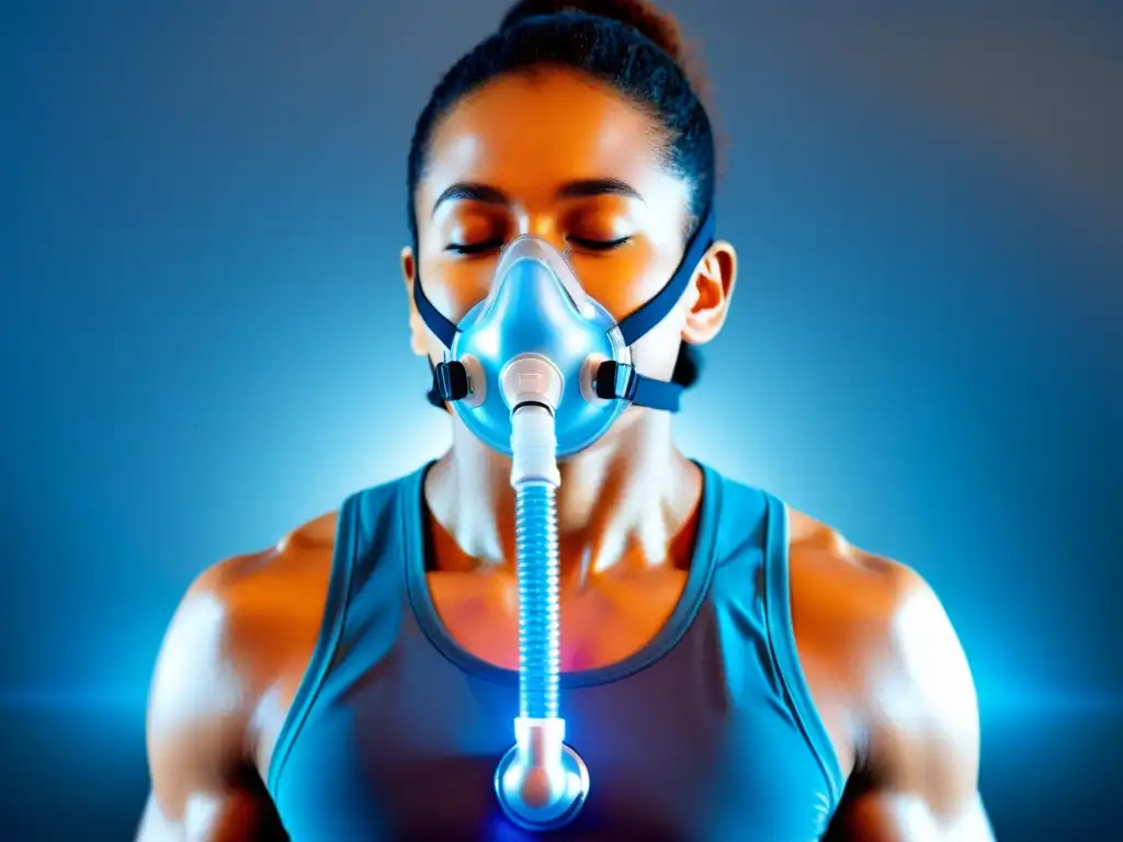 Persona usando dispositivo de entrenamiento respiratorio, con enfoque en la expansión del pecho