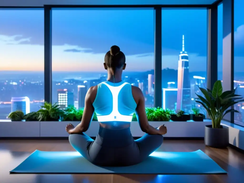 Una persona usa un dispositivo de entrenamiento respiratorio de alta tecnología en una habitación moderna y relajante con vista a la ciudad