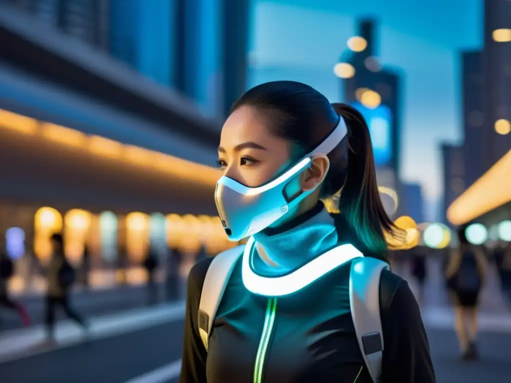 'Una persona usando un dispositivo respiratorio wearable moderno en la vida diaria en la ciudad, integrando tecnología futurista