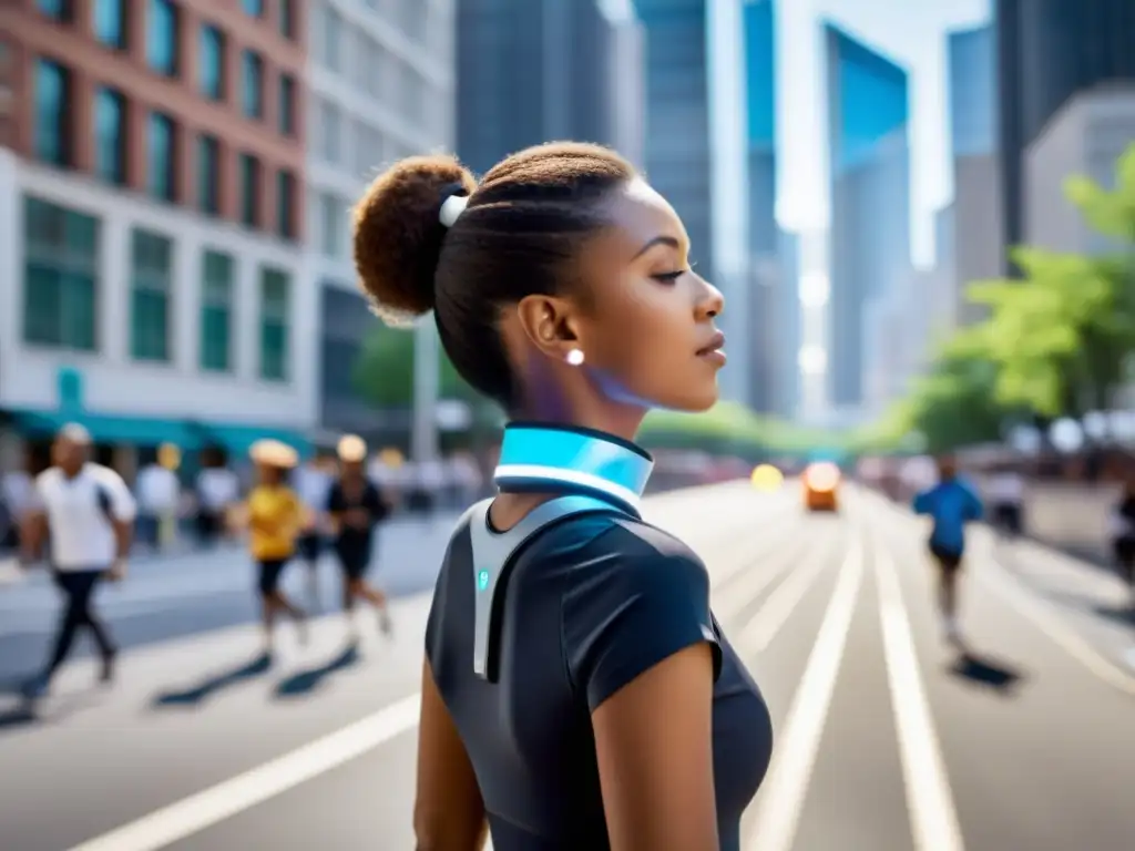 'Persona con dispositivo respiratorio wearable integrado a la vida diaria en la bulliciosa ciudad, testimoniando su impacto positivo