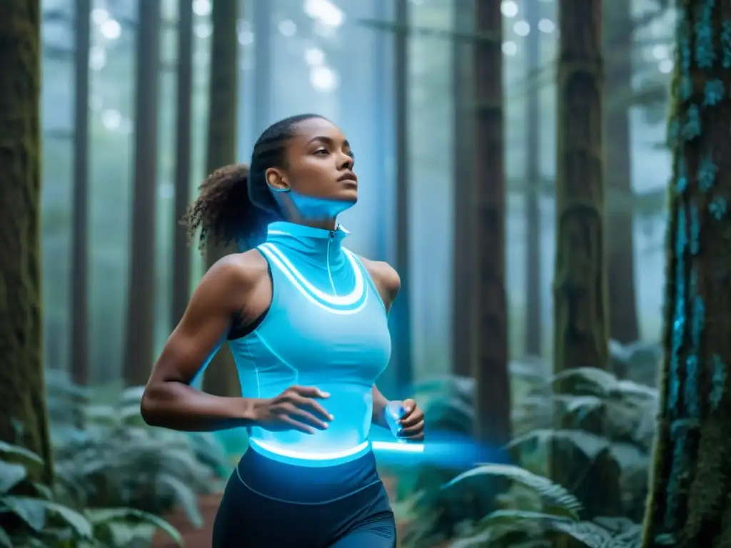 Persona usando dispositivo de tecnología para mejorar la respiración en un bosque exuberante al aire libre