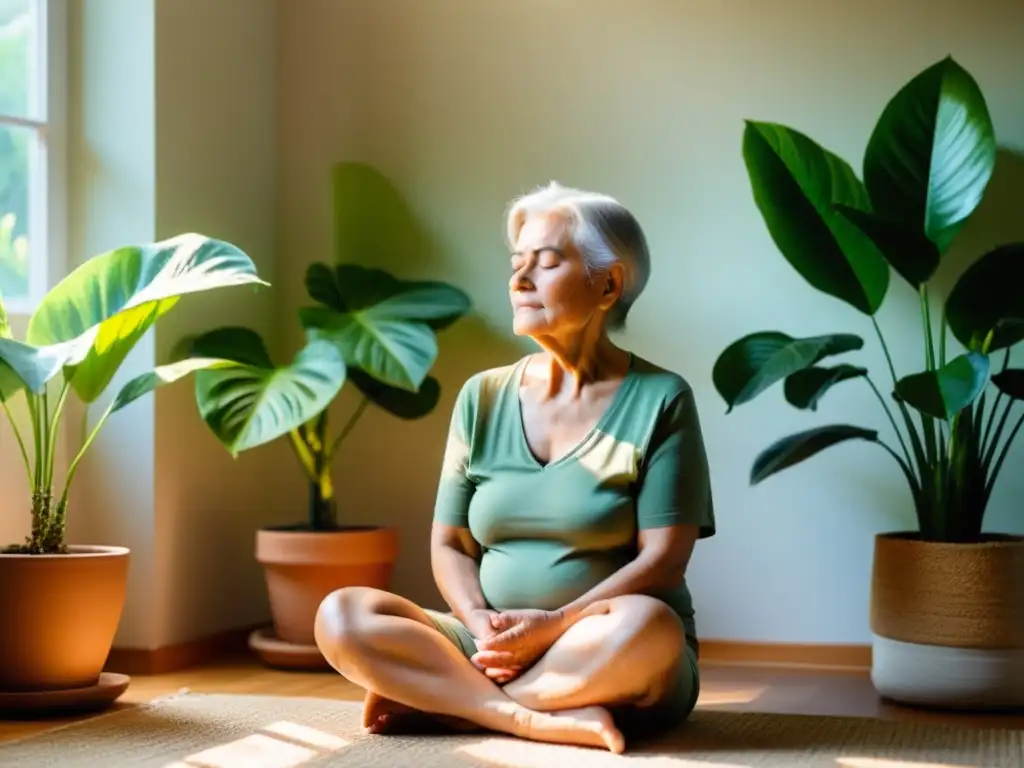 Persona de edad practicando mindfulness respiratorio en sala tranquila