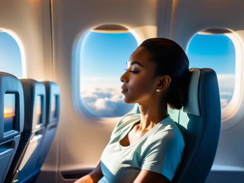 Una persona practica ejercicios de respiración en un asiento de avión, con luz solar iluminando su expresión calmada y concentrada, mientras contempla el cielo y las nubes