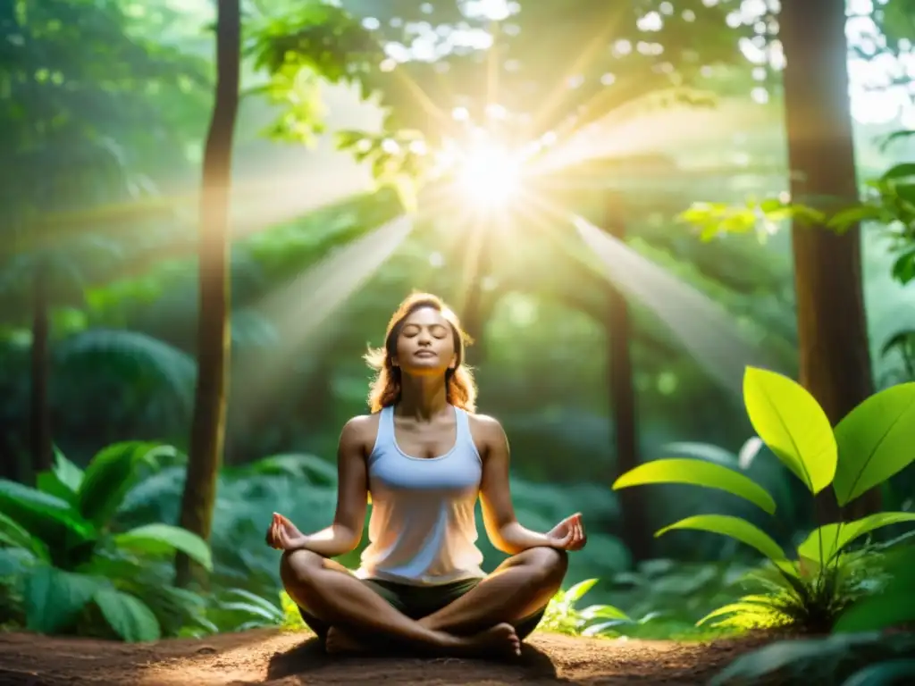 Persona en meditación practicando ejercicios de respiración para meditación en un bosque tranquilo y sereno