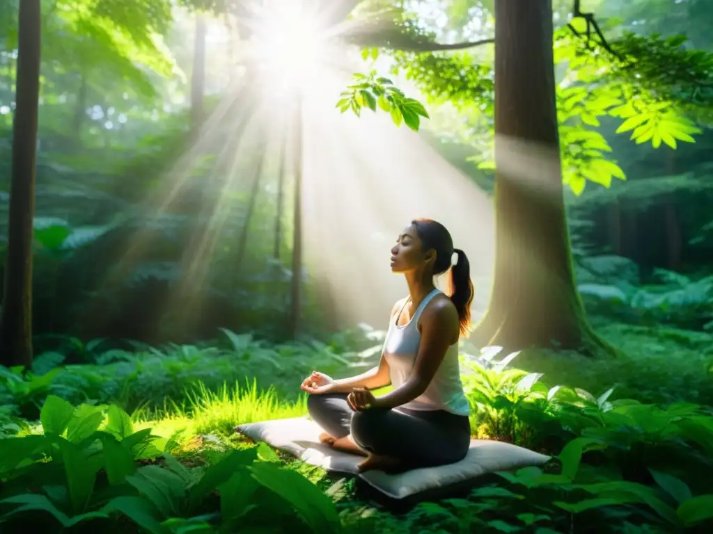 Persona practicando ejercicios de respiración en un bosque verde, conectando con la naturaleza para combatir la polución diaria