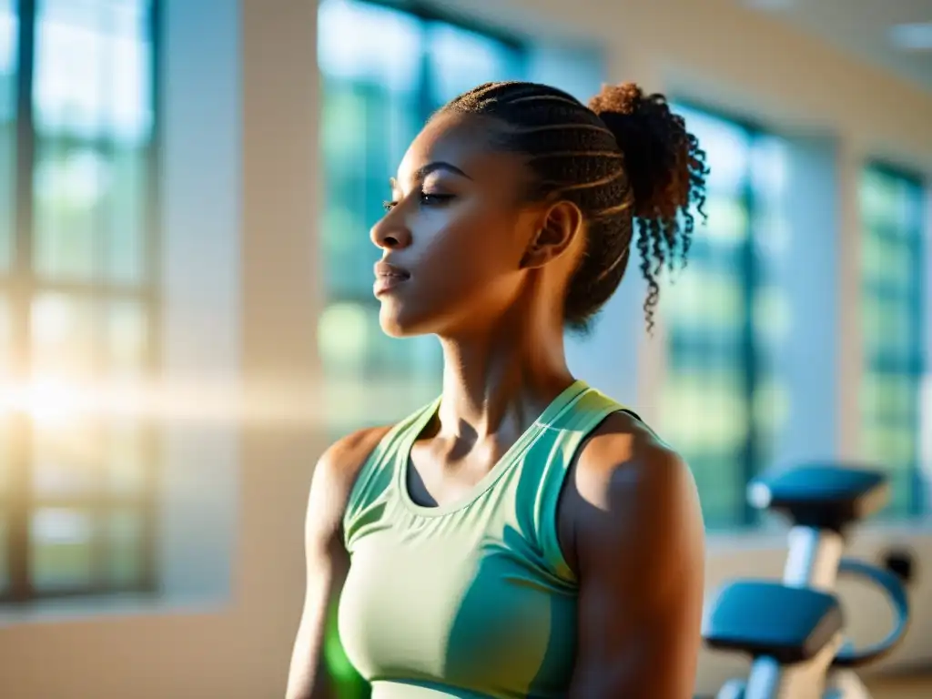 Práctica de respiración profunda en centro de rehabilitación Persona practicando ejercicios de respiración en un centro de rehabilitación cardiopulmonar, rodeada de equipo médico moderno, con luz natural