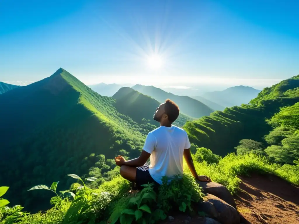 Persona practicando ejercicios de respiración para aumentar claridad mental en la cima de la montaña, rodeada de naturaleza y cielo azul