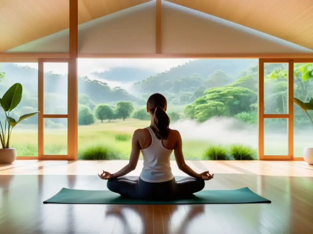 Persona practicando ejercicios de respiración para aumentar la claridad mental en una habitación serena con vistas a un paisaje verde exuberante