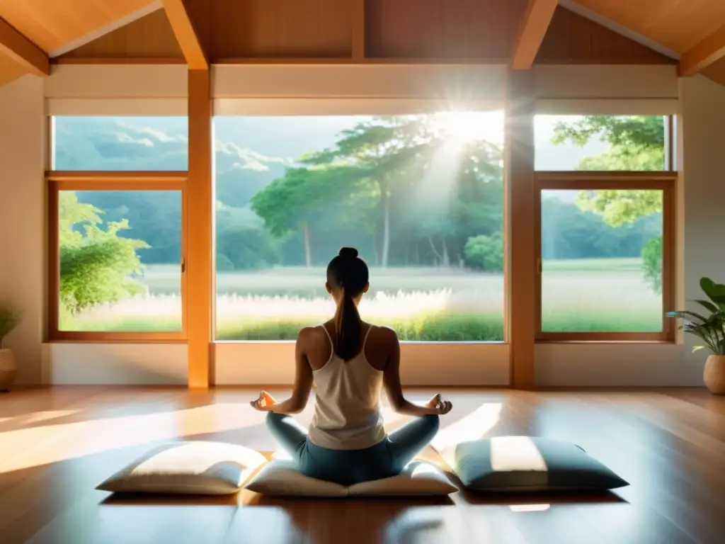 Persona practicando ejercicios de respiración consciente para felicidad en una habitación tranquila y soleada con vistas a la naturaleza serena