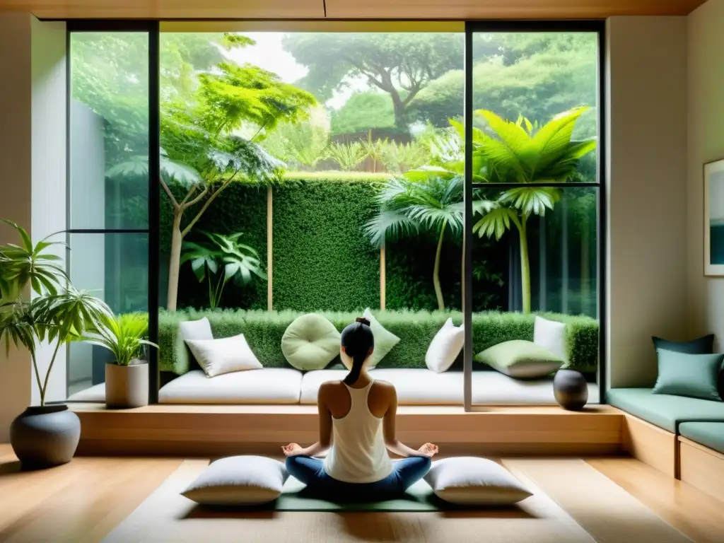 Persona practicando ejercicios de respiración consciente para felicidad en sala serena con vista a jardín verde